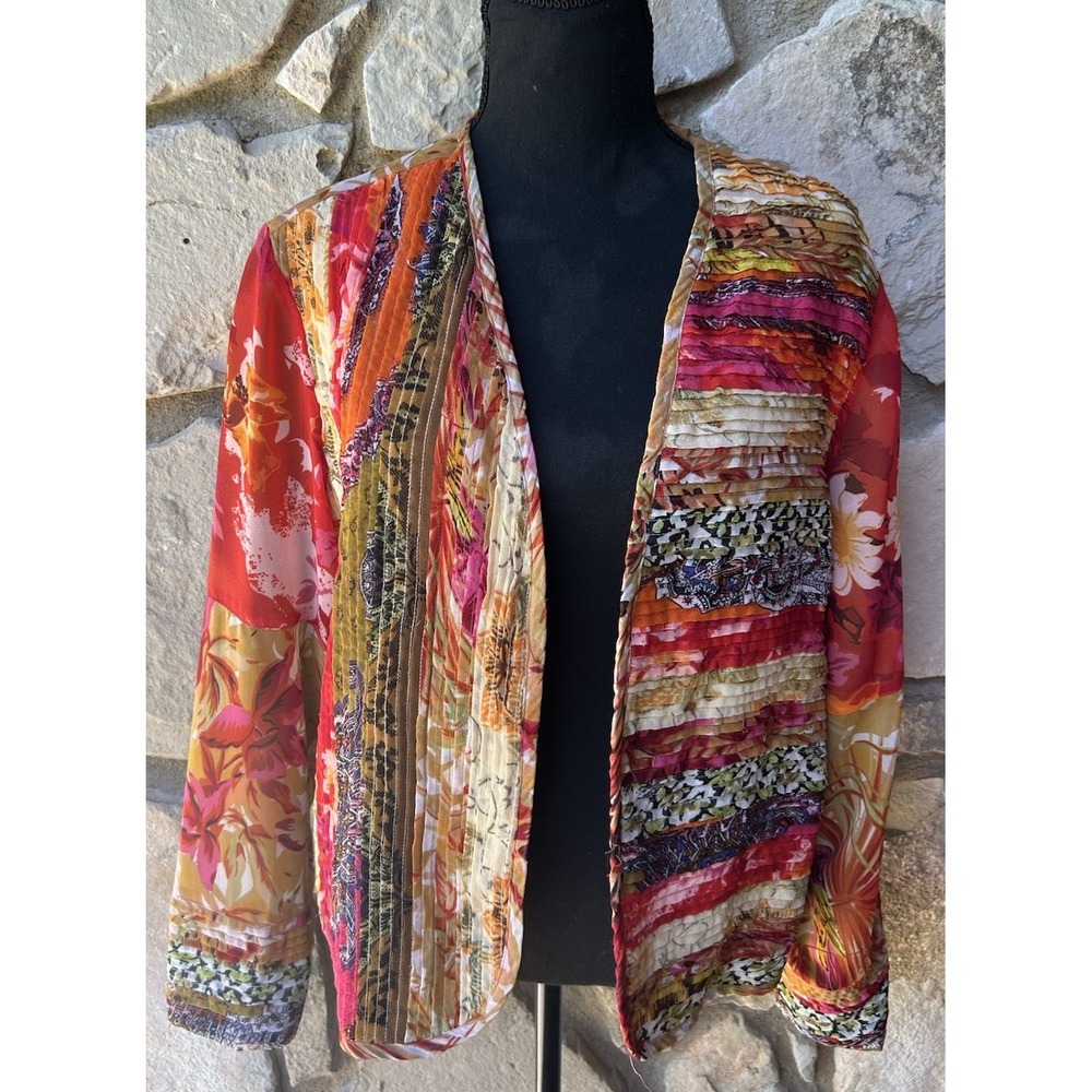 Coldwater Creek Jacket Medium Multi Floral Chiffon Pintucks Lightweight EC